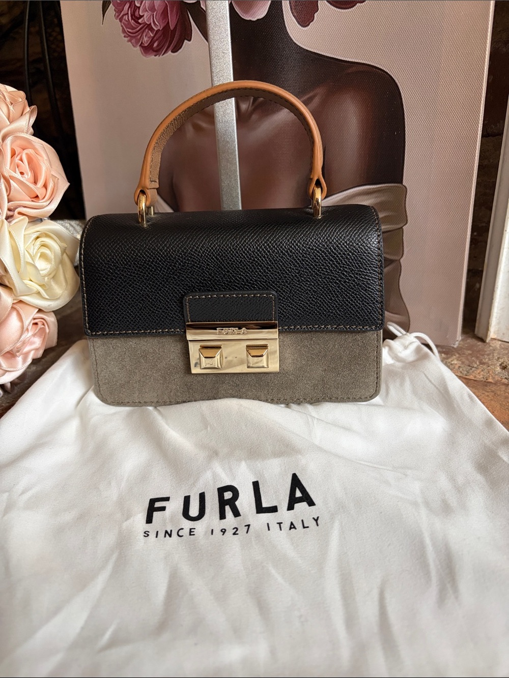 Furla Black and Taupe Two-Tone Top Handle Mini Satchel with Tan Handle